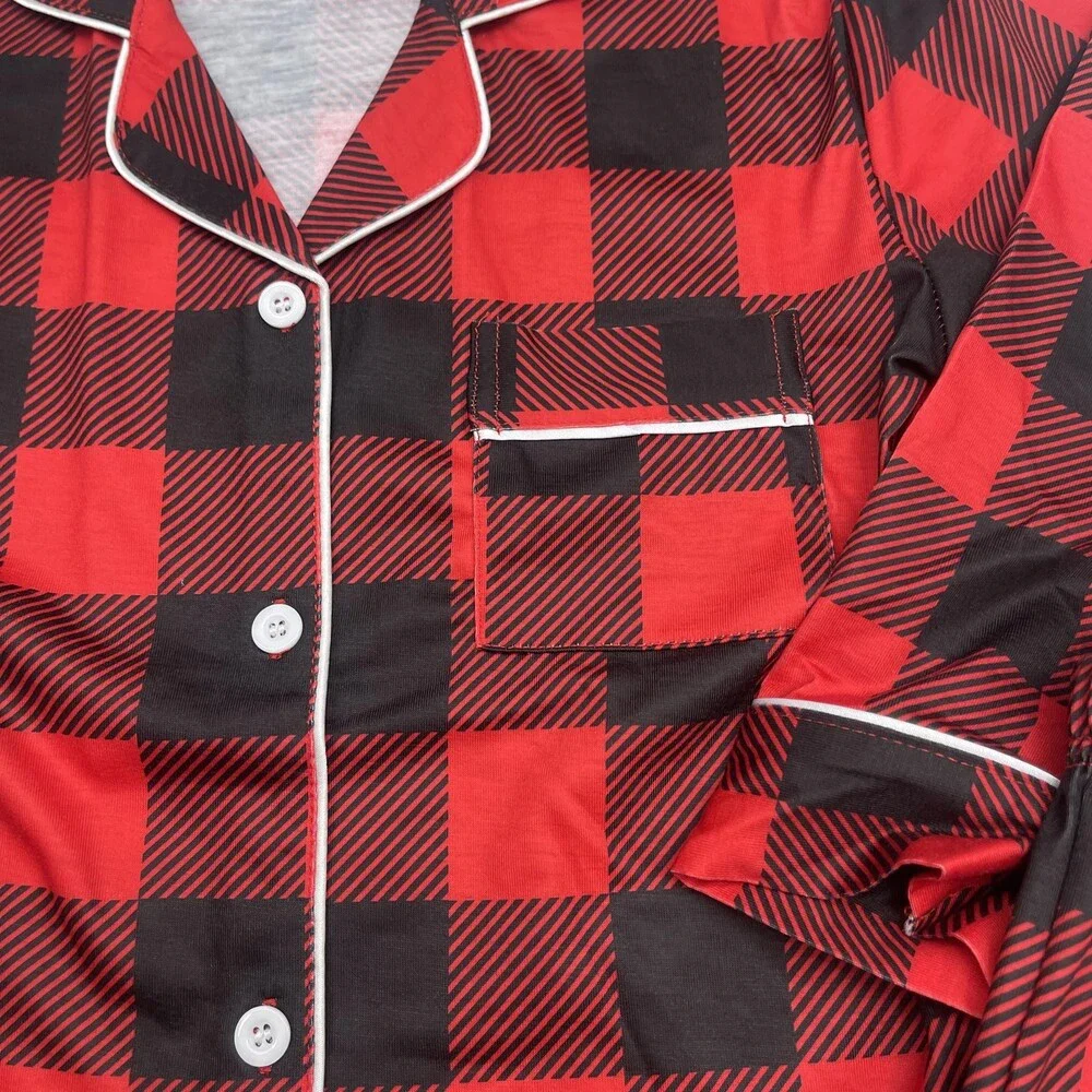 Buffalo Plaid Pajama Set Kids 4-5Y Red Jersey Button Front 2 Piece Sleepwear